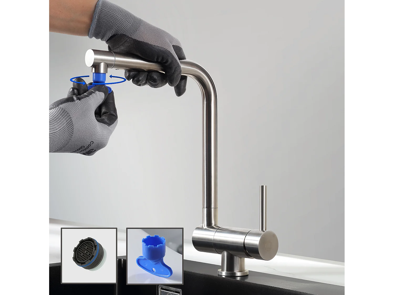 2PCS Mitigeur Evier Repliable en Acier Inoxydable Brossé devant Fenêtre, Robinet Évier Pivotant à 360º Robinet de Cuisine avec barboteur démotable