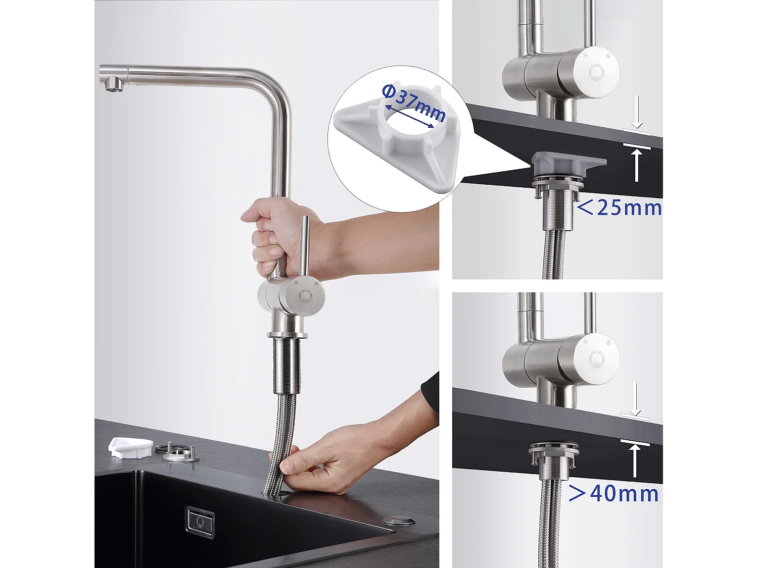 2PCS Mitigeur Evier Repliable en Acier Inoxydable Brossé devant Fenêtre, Robinet Évier Pivotant à 360º Robinet de Cuisine avec barboteur démotable