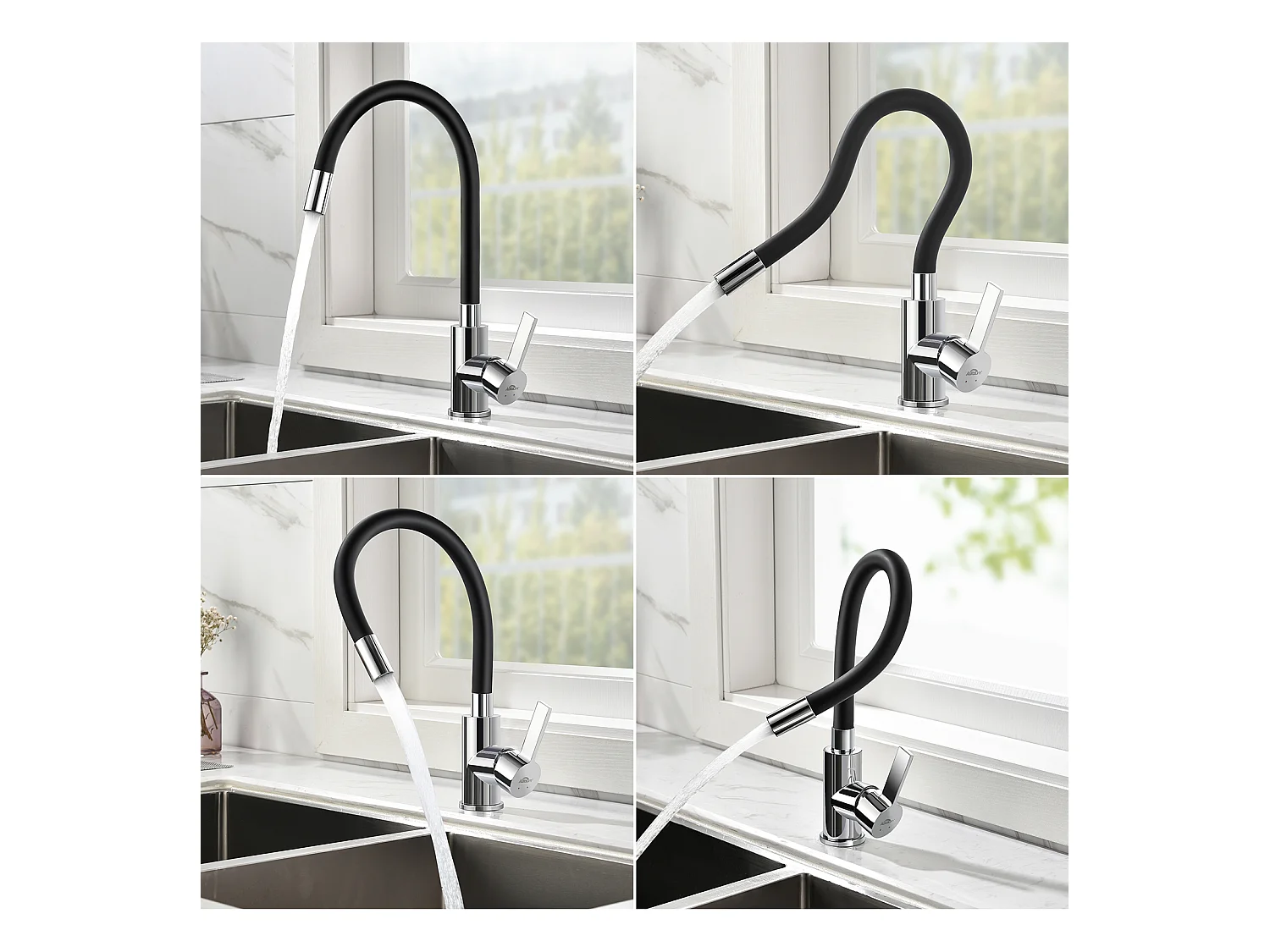 Robinet Cuisine Flexible Bec Haut Orientable Librement Mitigeur Évier Flexible Laiton Chromé et Noir Robinet Evier Monotrou Eau Chaude Froide
