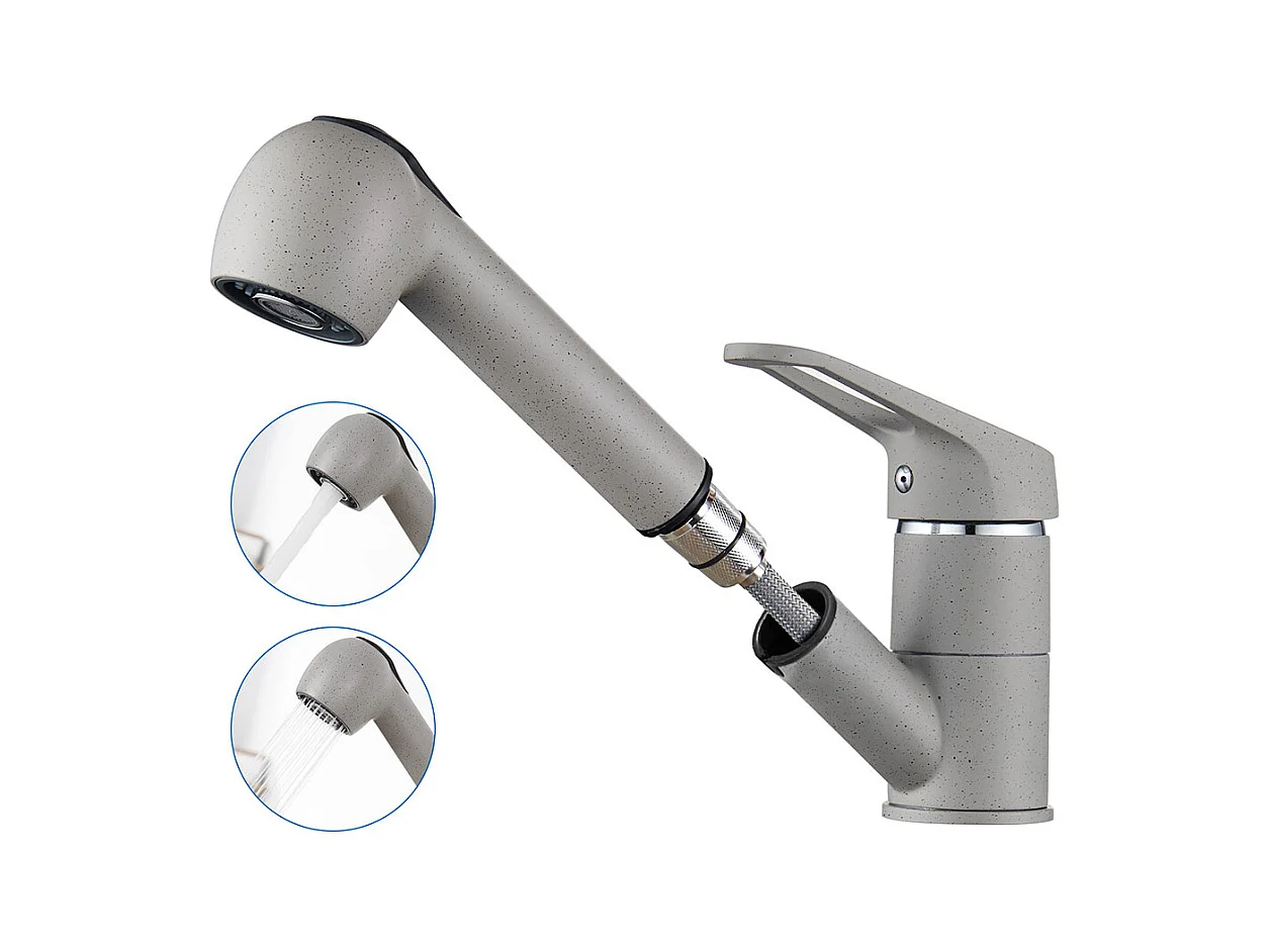 Mitigeur Cuisine Douchette, Robinet Cuisine Douchette Extractible avec 2 Modes de Pulvérisation, Rotatif à 360°, Froid & Chaud, Gris Granit