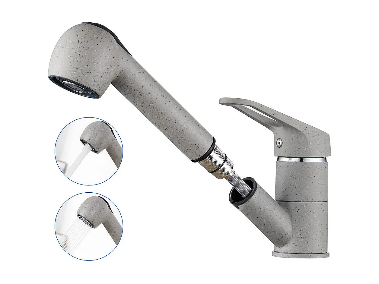 Mitigeur Cuisine Douchette, Robinet Cuisine Douchette Extractible avec 2 Modes de Pulvérisation, Rotatif à 360°, Froid & Chaud, Gris Granit