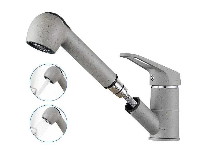 Mezclador Cocina Ducha, Grifo Cocina Ducha Extraíble con 2 Modos de Pulverización, Rotativo 360°, Frío y Caliente, Gris Granito