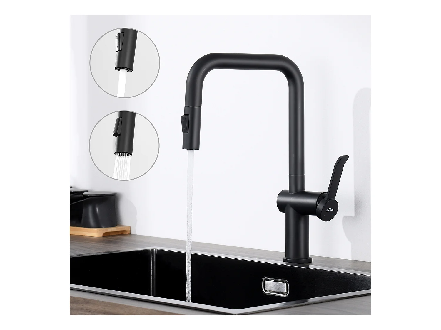 AuraLum Max Grifo de Cocina, Mezclador de Cocina conDucha extraíble, Boca Alta, Inversor 2 jets (Laminar/Lluvia), Rotación 360°, Negro,Modelo UE