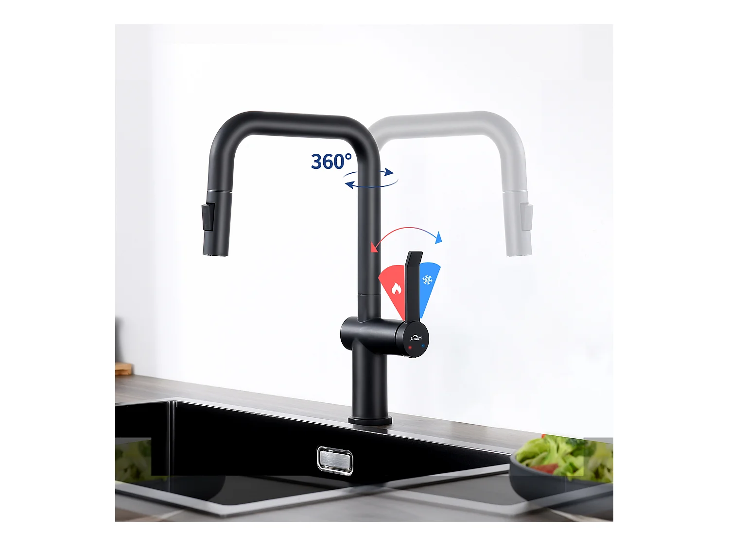 AuraLum Max Robinet de Cuisine,Mitigeur Cuisine avec Douchette Extractible,Bec Haut,Inverseur 2 jets (Laminaire/Pluie),Rotation 360°, Noir,EU Modèle