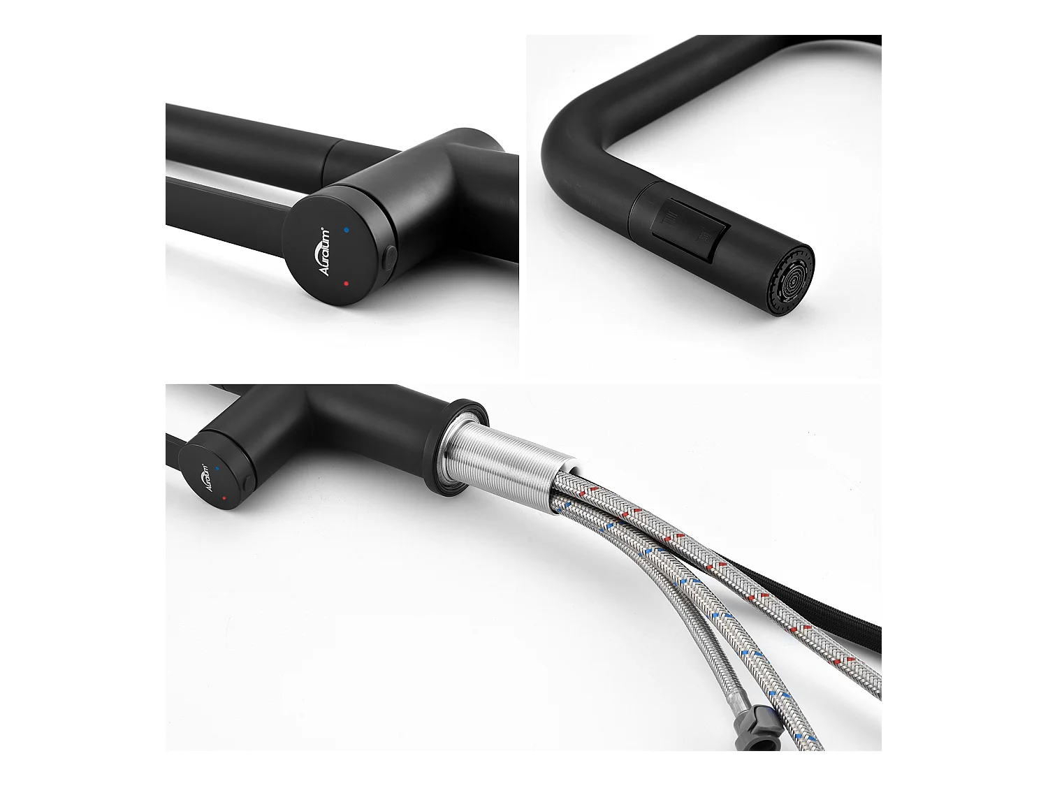 AuraLum Max Robinet de Cuisine,Mitigeur Cuisine avec Douchette Extractible,Bec Haut,Inverseur 2 jets (Laminaire/Pluie),Rotation 360°, Noir,EU Modèle