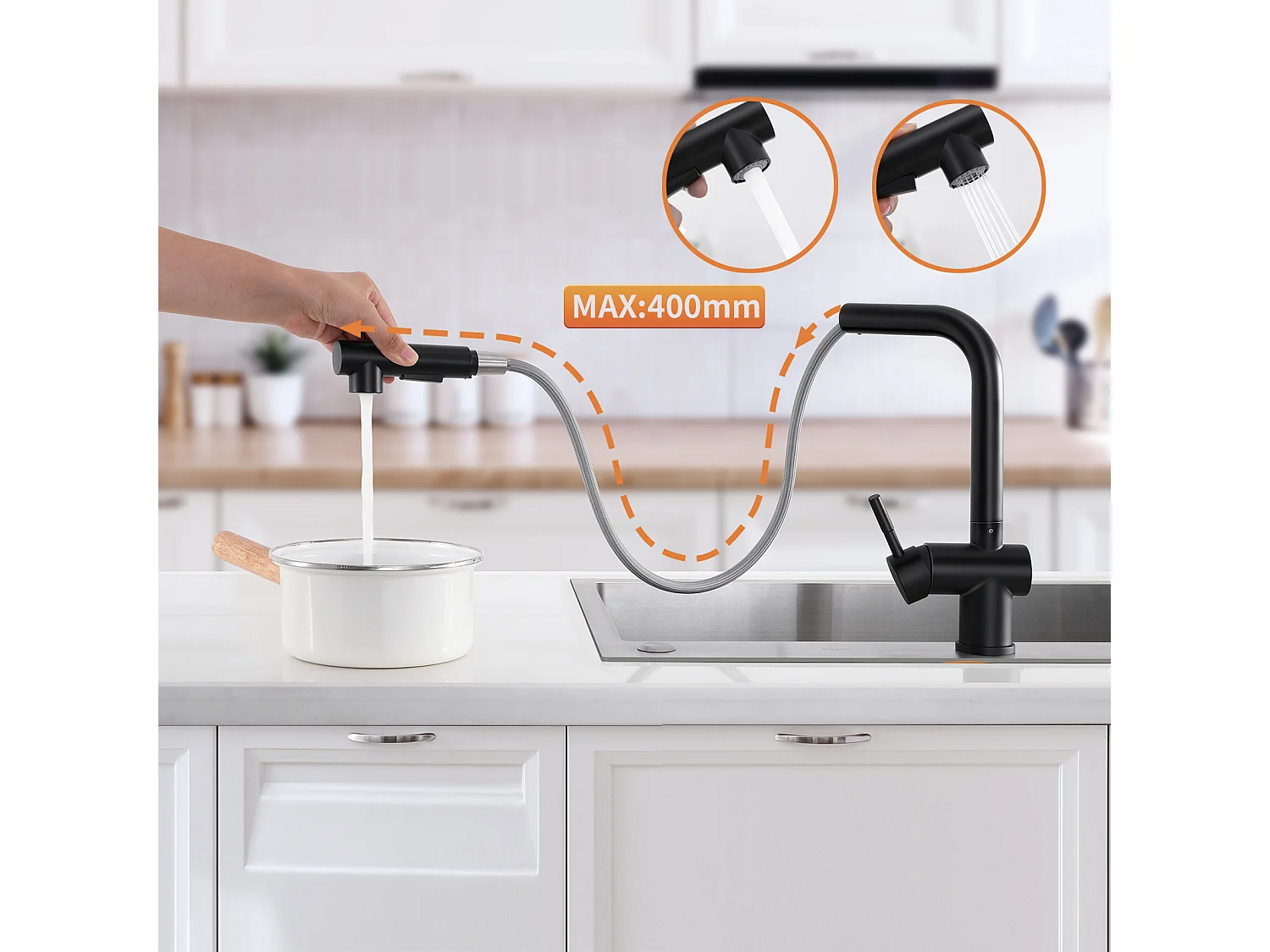 Keukenmengkraan Zwart Handdouche RobiNet Uittrekbare Wastafel Douche 2 Stralen Mengkraan Hoge Draaibare Uitloop 360° RVS Slopper Afneembaar, EU Model