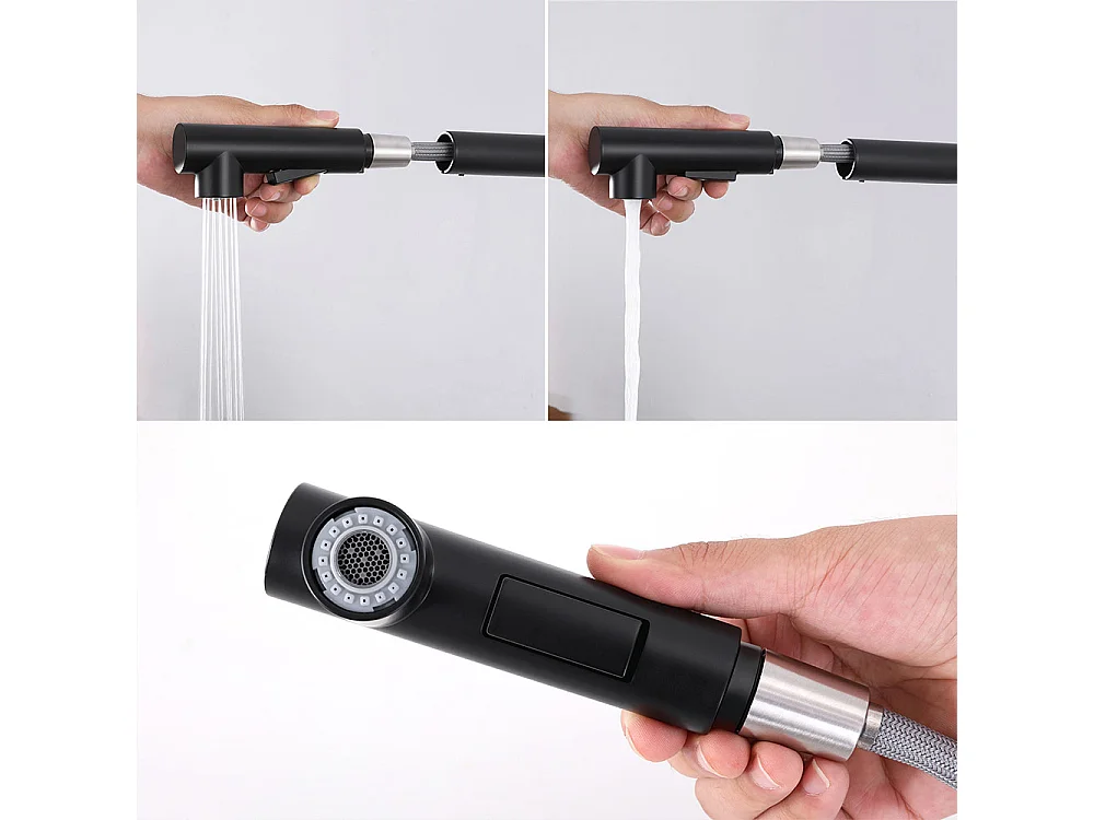 Keukenmengkraan Zwart Handdouche RobiNet Uittrekbare Wastafel Douche 2 Stralen Mengkraan Hoge Draaibare Uitloop 360° RVS Slopper Afneembaar, EU Model