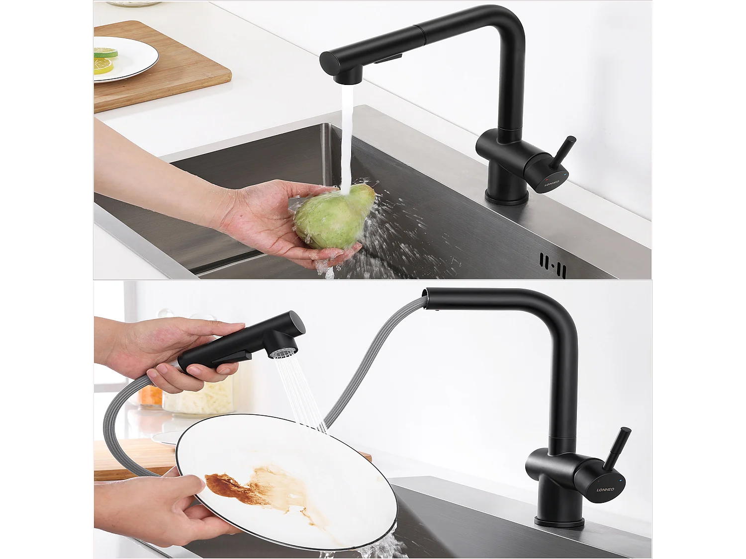 Keukenmengkraan Zwart Handdouche RobiNet Uittrekbare Wastafel Douche 2 Stralen Mengkraan Hoge Draaibare Uitloop 360° RVS Slopper Afneembaar, EU Model