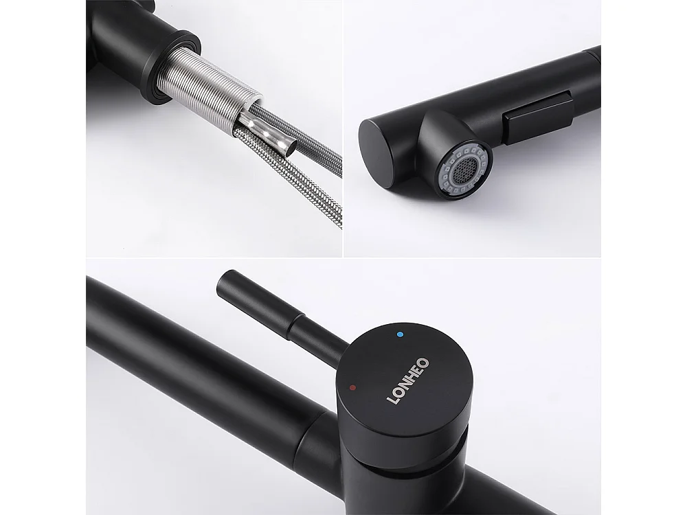 Keukenmengkraan Zwart Handdouche RobiNet Uittrekbare Wastafel Douche 2 Stralen Mengkraan Hoge Draaibare Uitloop 360° RVS Slopper Afneembaar, EU Model