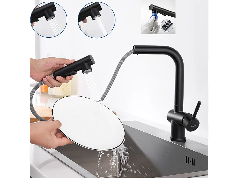 Keukenmengkraan Zwart Handdouche RobiNet Uittrekbare Wastafel Douche 2 Stralen Mengkraan Hoge Draaibare Uitloop 360° RVS Slopper Afneembaar, EU Model