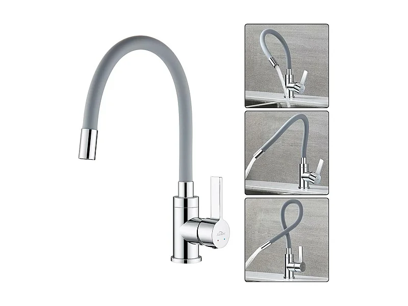 Mitigeur de Cuisine Flexible, Robinet Cuisine Pivotant à 360°,  avec Tuyau en Silicone Flexible, Robinet Evier Eau à Chaude et Froide (Gris)