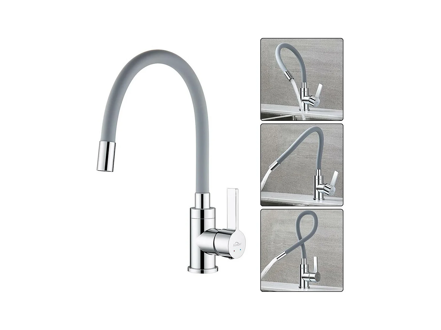 Mitigeur de Cuisine Flexible, Robinet Cuisine Pivotant à 360°,  avec Tuyau en Silicone Flexible, Robinet Evier Eau à Chaude et Froide (Gris)