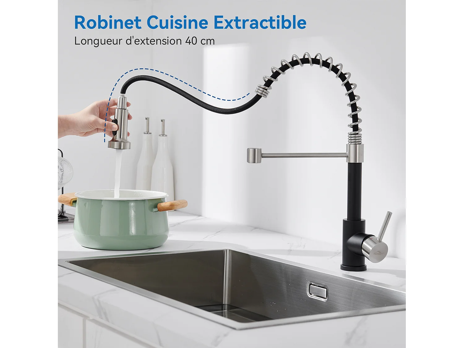 AuraLum Max Miscelatore cucina con doccia Rubinetto Cucina molla ,Rotazione 360° Rubinetto Lavello 2 Getti,Acura Fredda/Calda,Nero,Modello UE