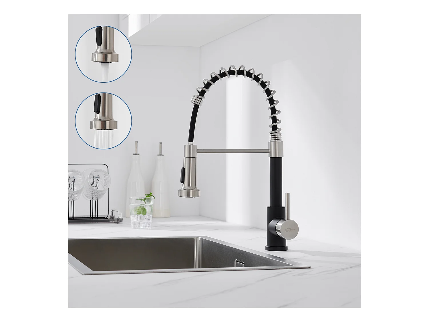 AuraLum Max Mitigeur cuisine avec douchette Robinet Cuisine à Ressort,Rotation 360° Robinet d'Evier 2 Jets,Eau Froide/Chaude,Noir,EU Modèle