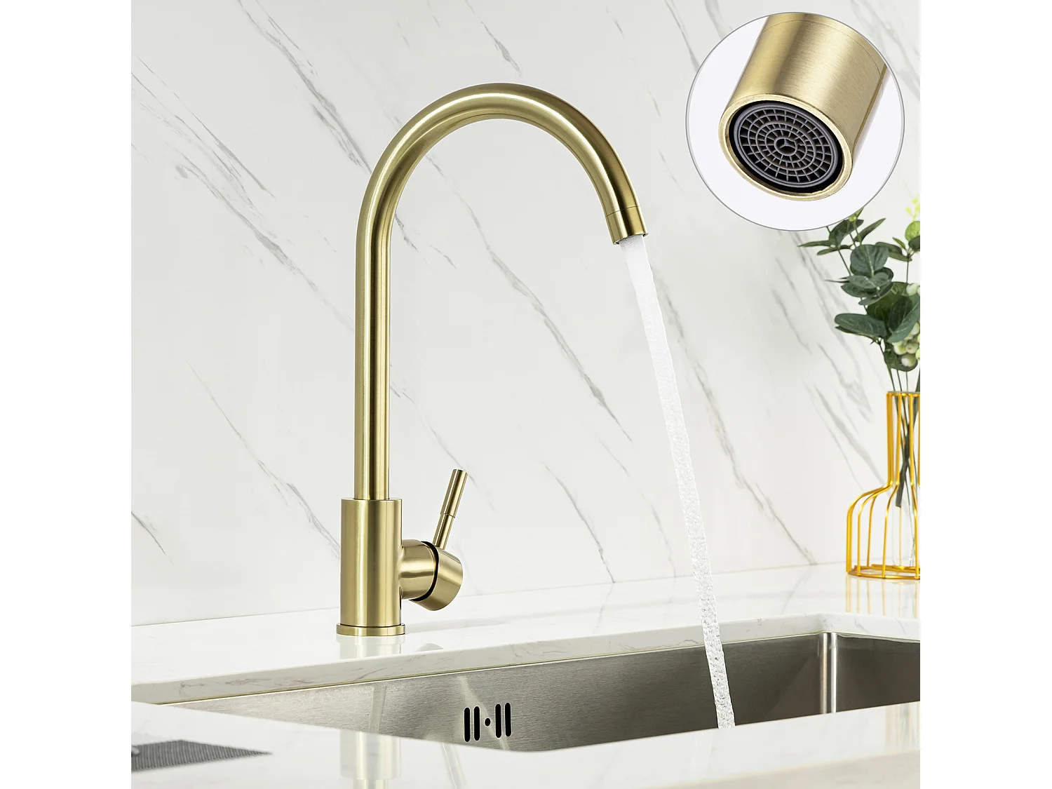 Lonheo Max Küchenarmatur, U-Form, 360° drehbar, Edelstahl, Warm- und Kaltwasser-Spültischarmatur mit abnehmbarem Sprudeler, Gold, EU-Modell