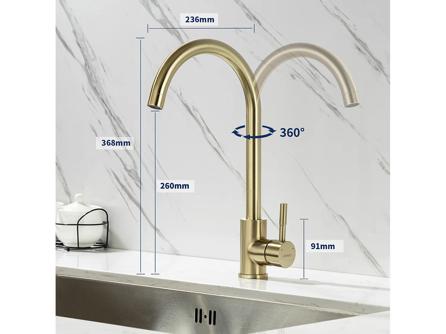 Lonheo Max Küchenarmatur, U-Form, 360° drehbar, Edelstahl, Warm- und Kaltwasser-Spültischarmatur mit abnehmbarem Sprudeler, Gold, EU-Modell