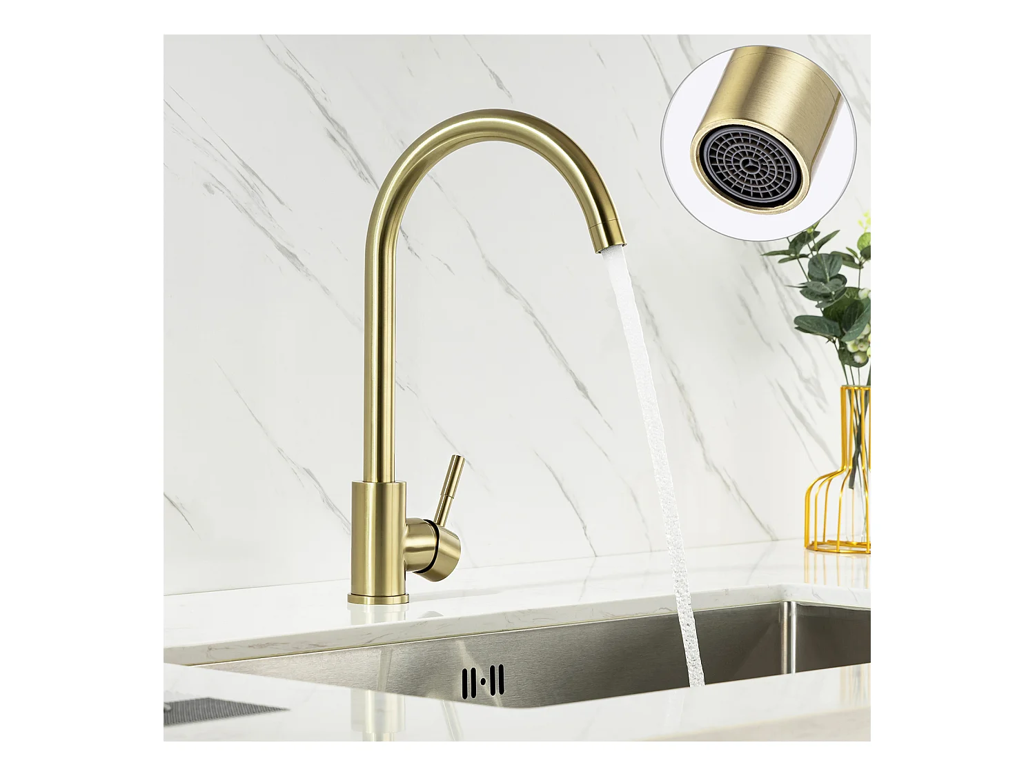 Lonheo Max Robinet de Cuisine U-Forme Rotatif à 360°Mitigeur Évier à Eau Froide et Chaude en Acier Inoxydable avec Barboteur démotable, Doré,EU Modèle