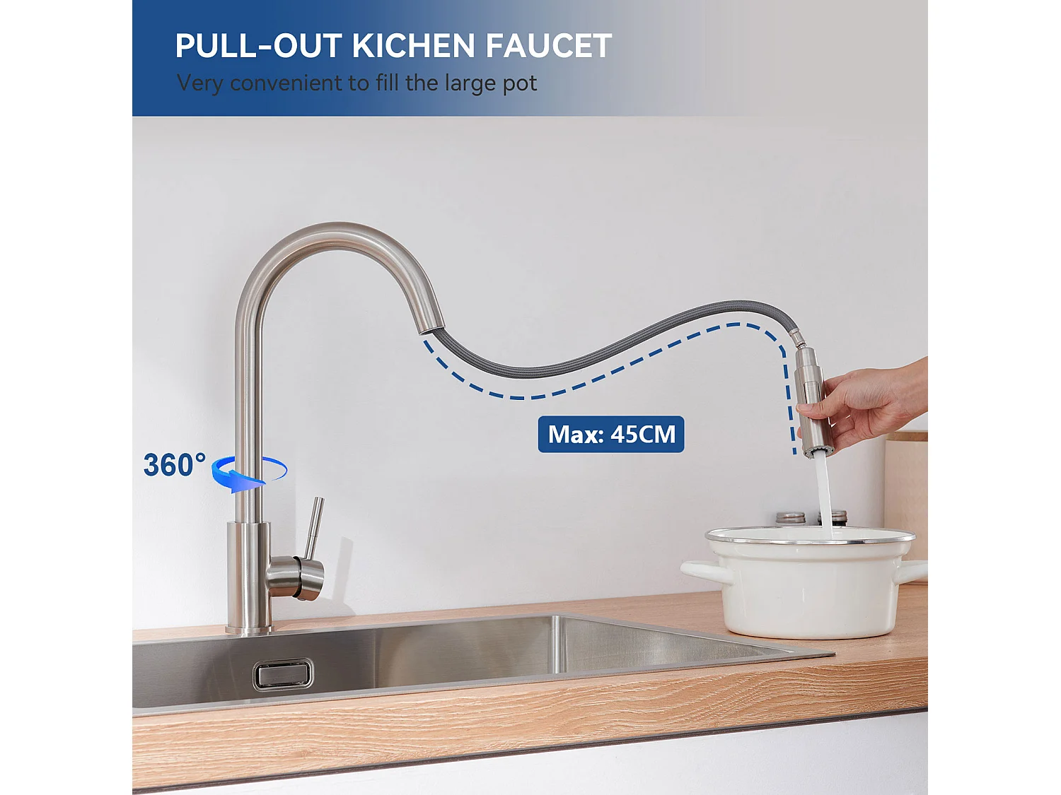 RobineT Cocina Ducha Extraíble, Mezclador Fregadero Cocina con Ducha, Grifos de Cocina 2 Modos Spray, Frío y Caliente Disponible