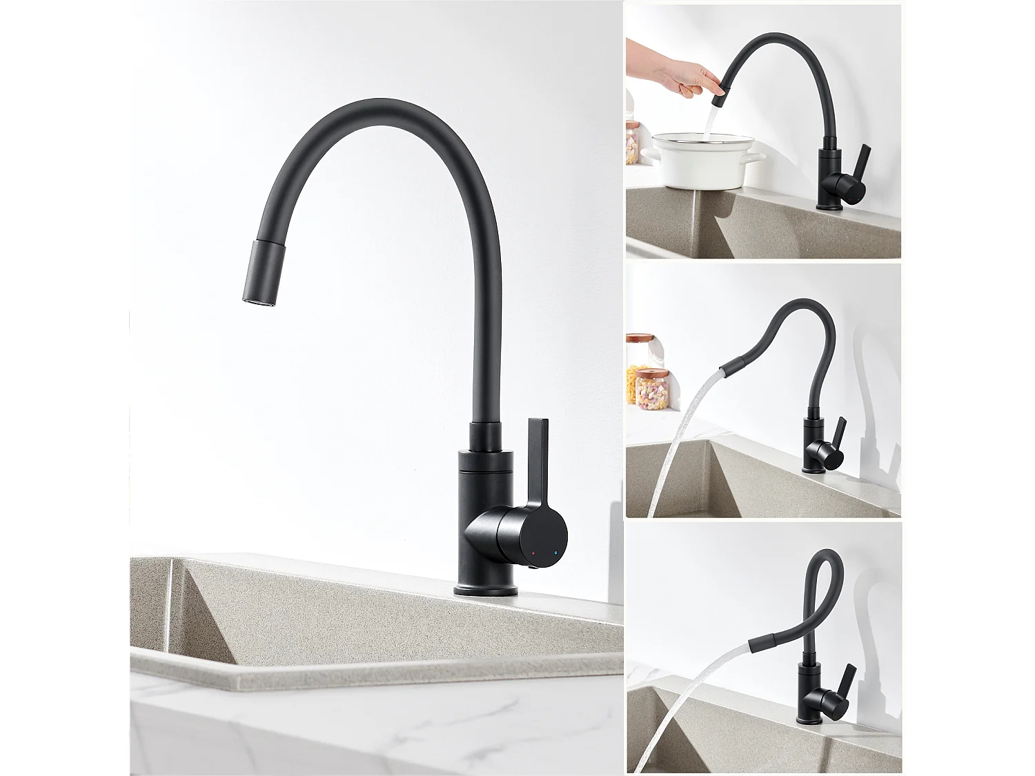 Mitigeur Cuisine Flexible Bec Orientable Librement Mitigeur Évier Flexible Pivotant 360° Robinet Evier Mémoire de Forme Eau Chaude/Froide,Noir