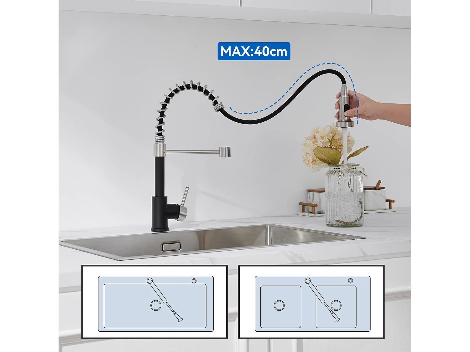 Mitigeur de Cuisine Noir à Ressort avec Douchette Extensible, Robinet Évier Rotatif à 360° avec 2 Modes,Froid & Chaud Disponible