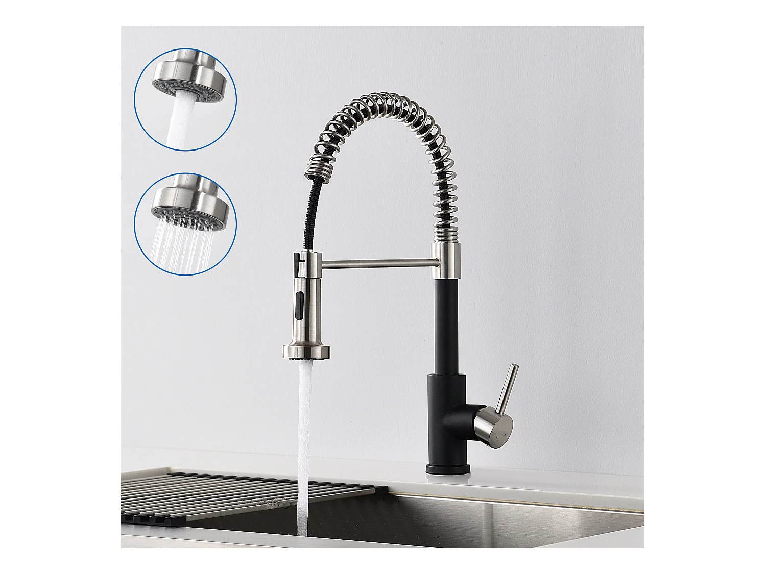 Mitigeur de Cuisine Noir à Ressort avec Douchette Extensible, Robinet Évier Rotatif à 360° avec 2 Modes,Froid & Chaud Disponible