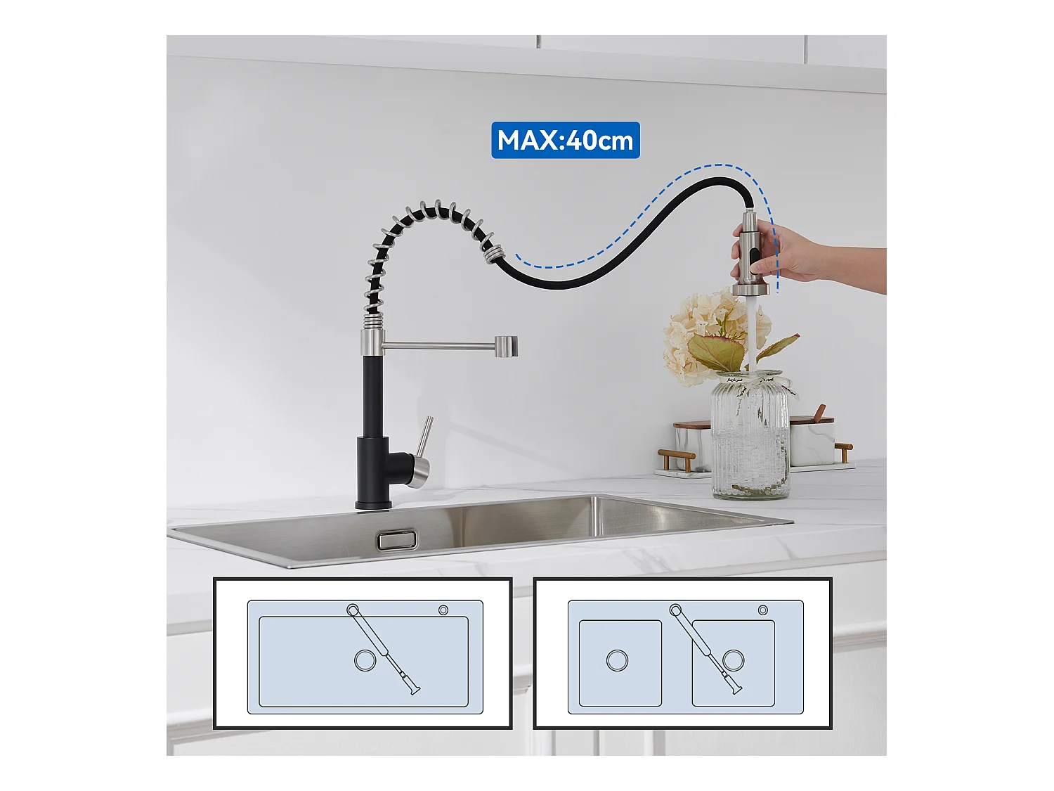 Mitigeur de Cuisine Noir à Ressort avec Douchette Extensible, Robinet Évier Rotatif à 360° avec 2 Modes,Froid & Chaud Disponible