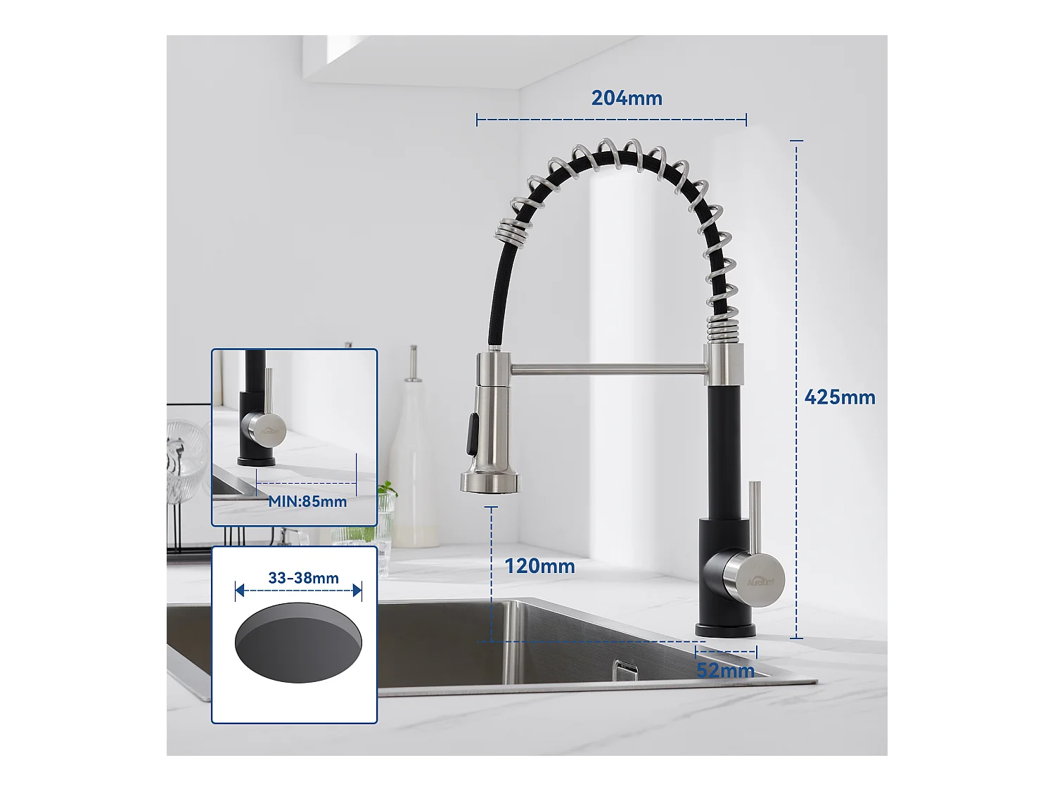 Mitigeur de Cuisine Noir à Ressort avec Douchette Extensible, Robinet Évier Rotatif à 360° avec 2 Modes,Froid & Chaud Disponible