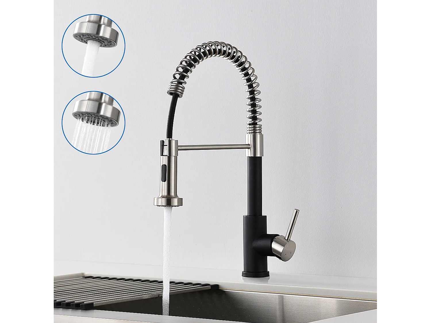 Mitigeur de Cuisine Noir à Ressort avec Douchette Extensible, Robinet Évier Rotatif à 360° avec 2 Modes,Froid & Chaud Disponible