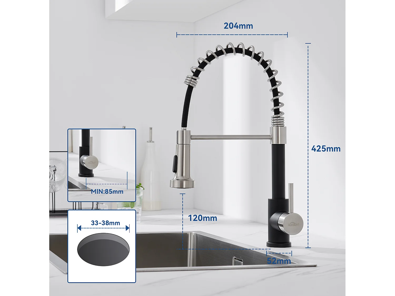 Mitigeur de Cuisine Noir à Ressort avec Douchette Extensible, Robinet Évier Rotatif à 360° avec 2 Modes,Froid & Chaud Disponible