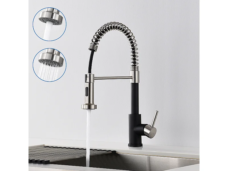 Mitigeur de Cuisine Noir à Ressort avec Douchette Extensible, Robinet Évier Rotatif à 360° avec 2 Modes,Froid & Chaud Disponible