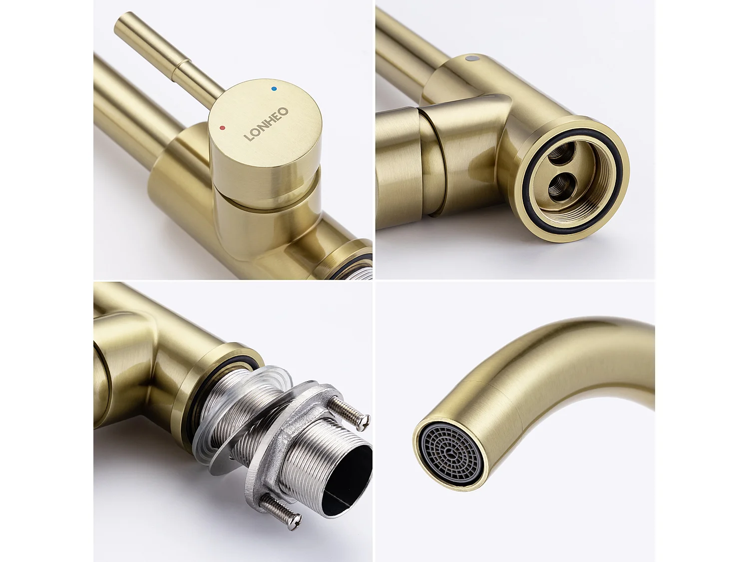 Rubinetto cucina dorato Lonheo Max U-Forma rotante 360° Miscelatore lavello ad acqua fredda/calda inossidabile con sguazzatore smontabile,Modello UE