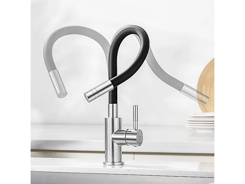 Cecipa max Grifo de Cocina Monomando Flexible con 2 Tipos de Chorro Negro + Cepillado - Grifo de Cocina Abatible - Grifo con Agua Fría y Caliente, Modelo UE