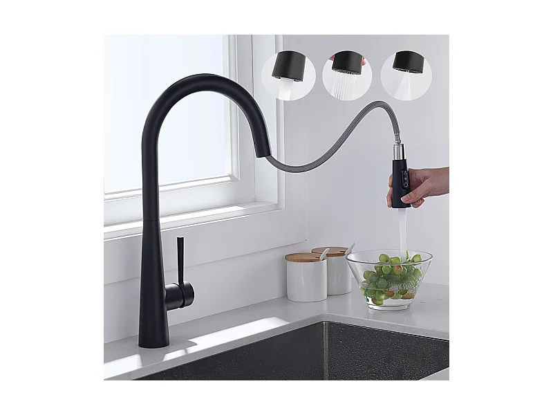 Schwarze Küchenmischbatterie mit 3 Wasserstrahlmodi, Cecipa max Hochwertiger 360° drehbarer Spültischhahn, Mischbatterie mit ausziehbarer Brause, EU-Modell