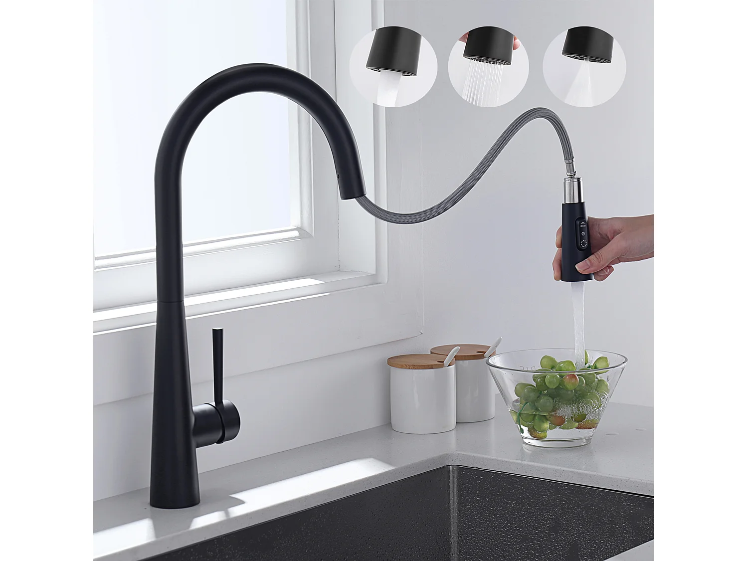 Schwarze Küchenmischbatterie mit 3 Wasserstrahlmodi, Cecipa max Hochwertiger 360° drehbarer Spültischhahn, Mischbatterie mit ausziehbarer Brause, EU-Modell