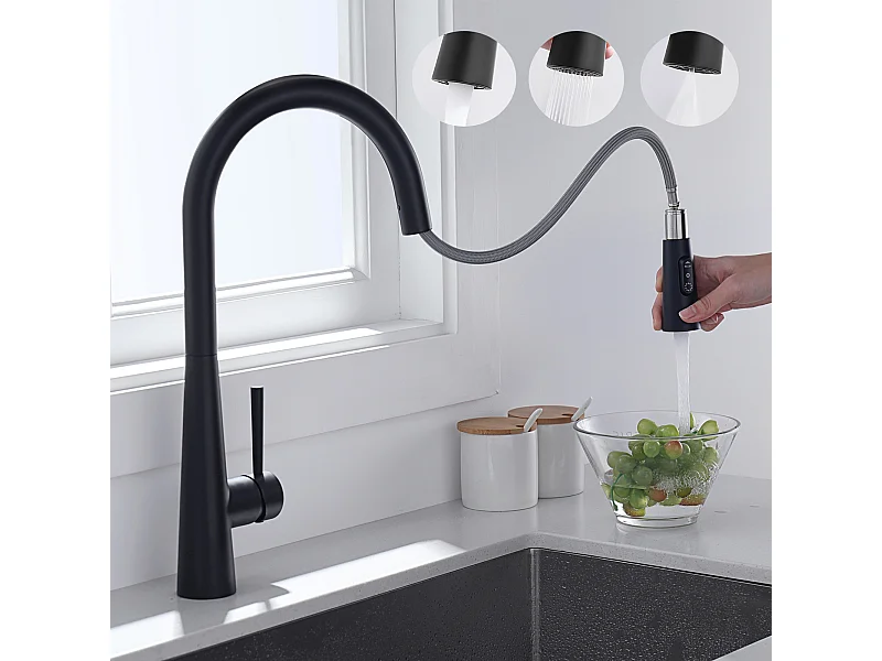 Schwarze Küchenmischbatterie mit 3 Wasserstrahlmodi, Cecipa max Hochwertiger 360° drehbarer Spültischhahn, Mischbatterie mit ausziehbarer Brause, EU-Modell