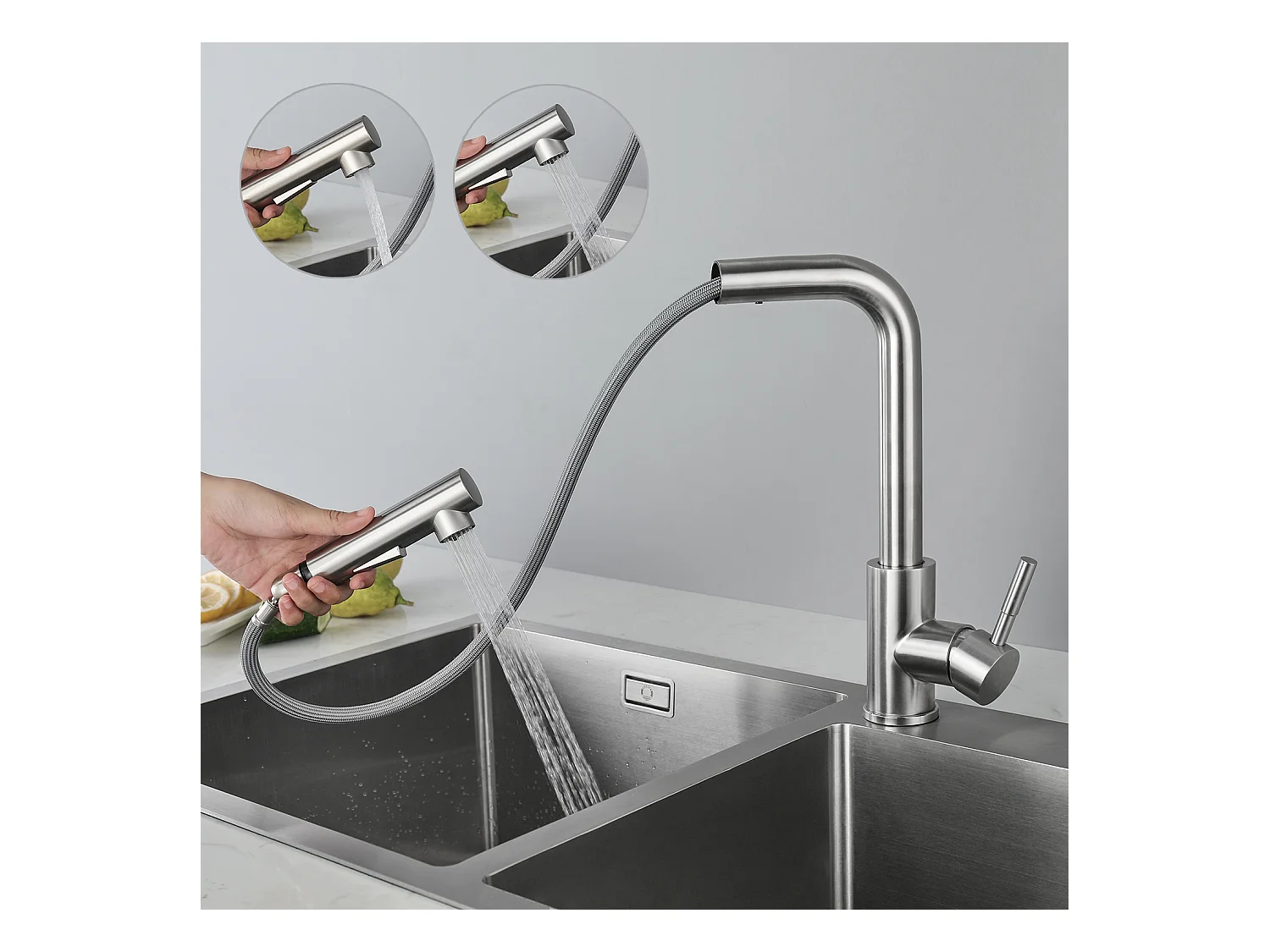 Cecipa max Mezclador de cocina con ducha extraíble, 2 modos de chorro, grifo para fregadero giratorio 360 en acero inoxidable cepillado, modelo EU