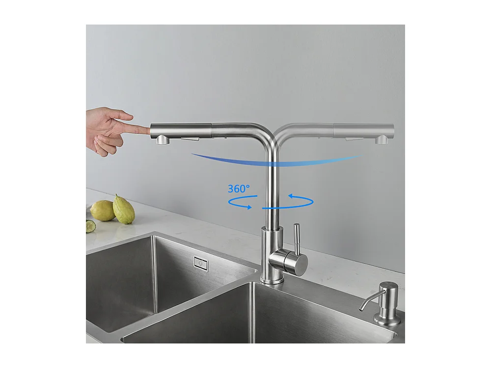 Cecipa max Mezclador de cocina con ducha extraíble, 2 modos de chorro, grifo para fregadero giratorio 360 en acero inoxidable cepillado, modelo EU