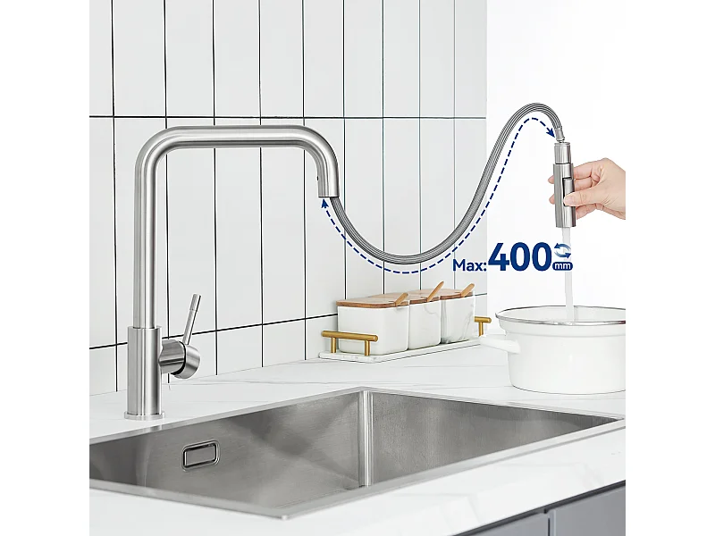 Cecipa max Geborstelde Douchekraan Keukenmengkraan met Uittrekbare Sproeier Wastafel Mengkraan met 2 Wateruitlaatmodi,EU-model