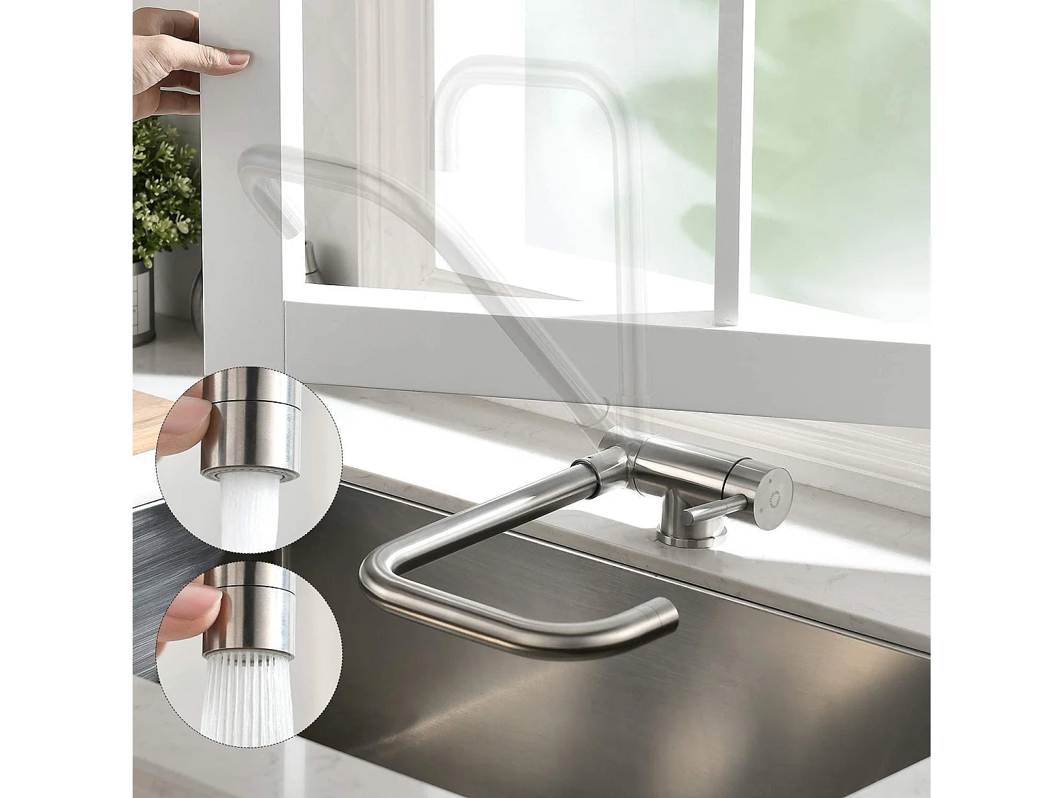 Cecipa max Brossé Robinet Cuisine Rabattable-Mitigeur Cuisine Pliable avec 2 Jets-Mitigeur de Cuisine Sous Fenêtre avec barboteur démotable,EU Modèle