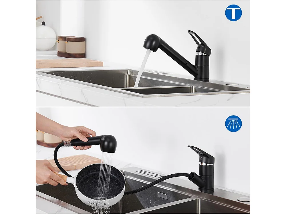 Schwarzer Küchenhahn mit ausziehbarer Brause, 2 Düsen, 360°-Spültischarmatur aus Messing, Einlochmontage, Kalt- und Warmwasser