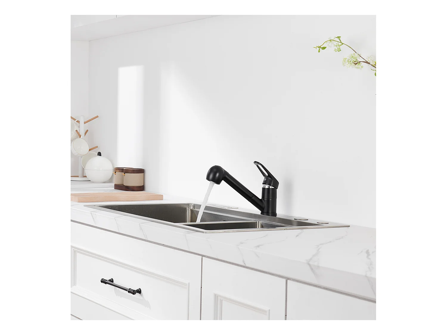 Robinet de Cuisine Noir avec Douchette Extractible 2 Jets Mitigeur Évier à 360° en Laiton Robinetterie avec Monotrou L'eau Froide et Chaude