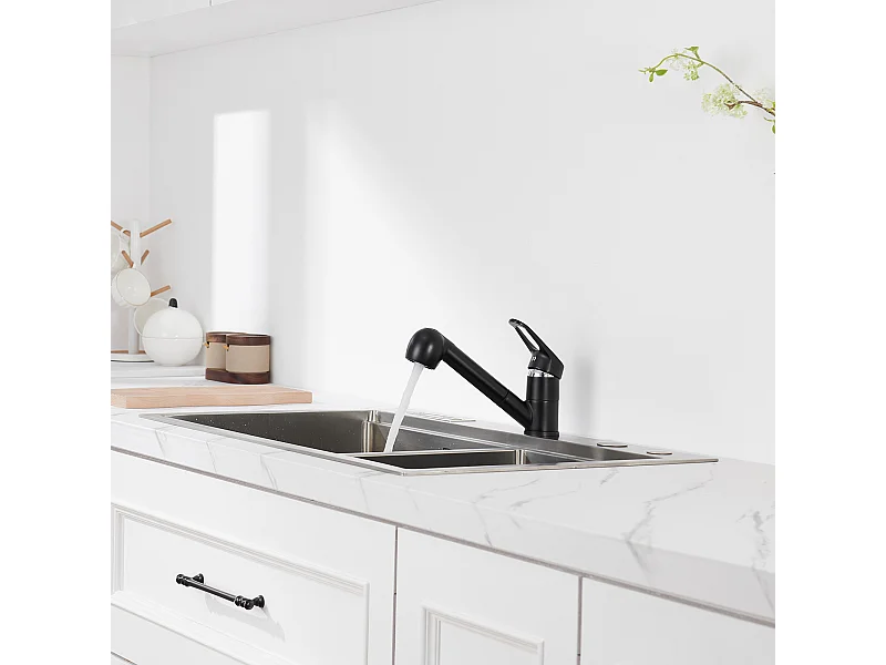 Robinet de Cuisine Noir avec Douchette Extractible 2 Jets Mitigeur Évier à 360° en Laiton Robinetterie avec Monotrou L'eau Froide et Chaude