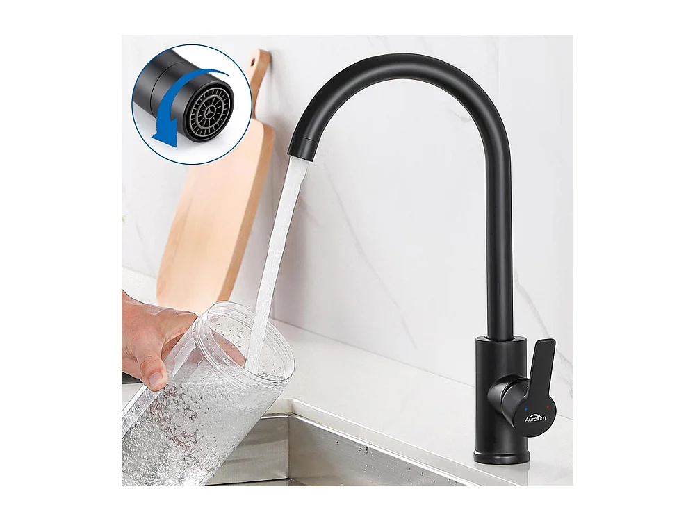 AuraLum Max 2pcs Noir Robinet Cuisine en Laiton Rotatif à 360° Mitigeur Évier Monotrou à Eau Chaude et Froide Convient pour Evier Cuisine,EU Modèle