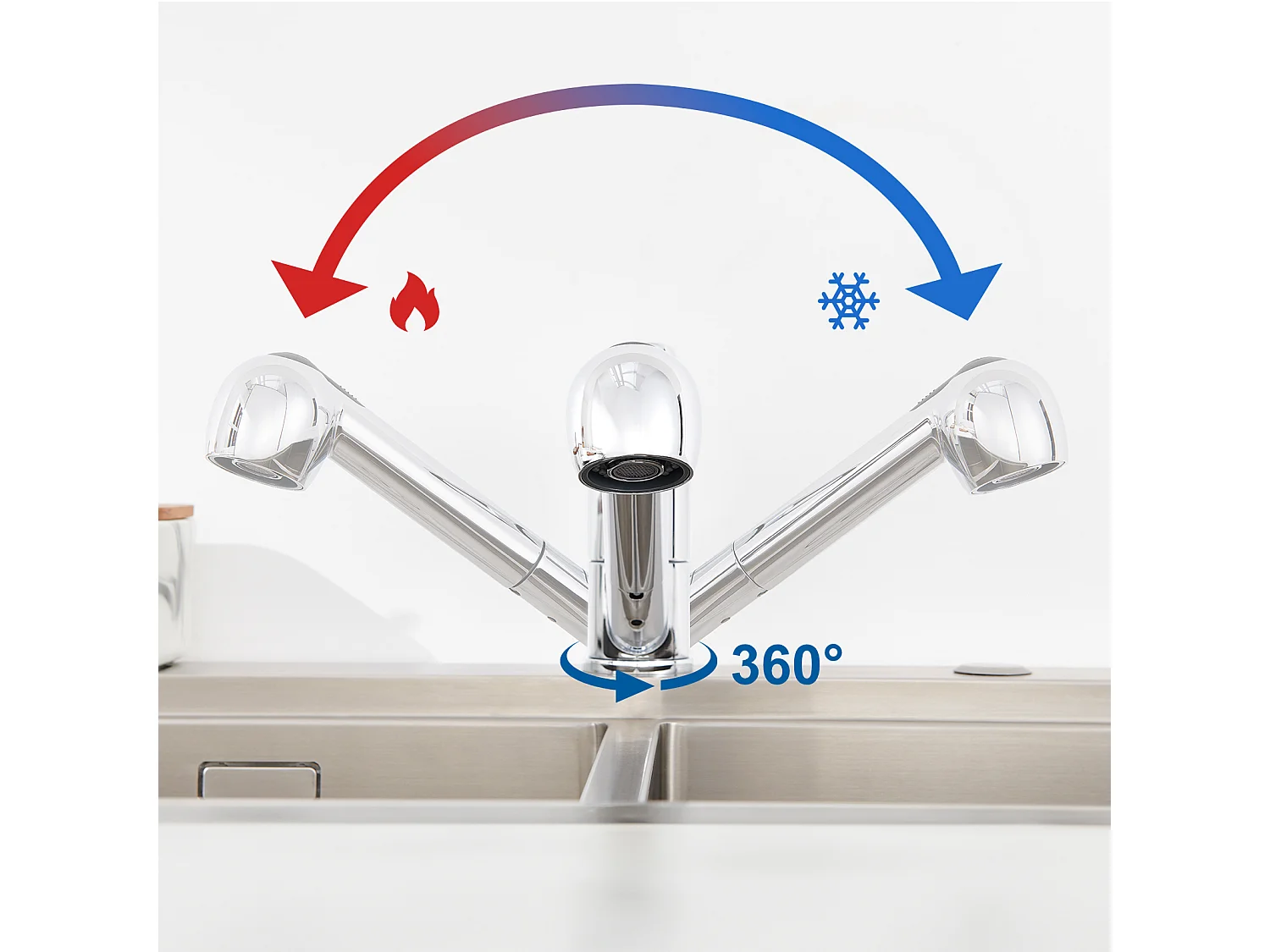 AuraLum Max Robinet Cuisine avec Douchette Extractible 2 Jets Mitigeur Evier en Inox Chromé Pivotant 360° Robinetterie Eau Froide/Chaude,EU Modèle