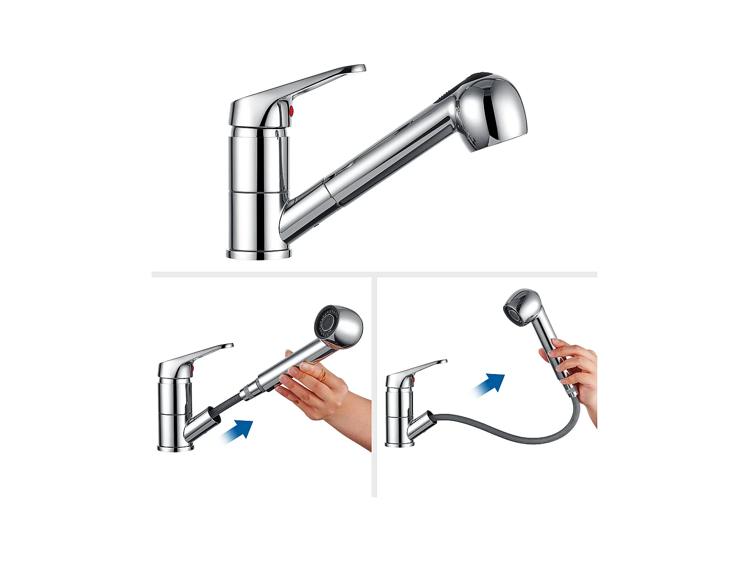 AuraLum Max Keukenkraan met Uittrekbare Handdouche 2 Jets Wastafelmengkraan RVS Verchroomd Draaibaar 360° Kraan Koud/Warm Water, EU Model