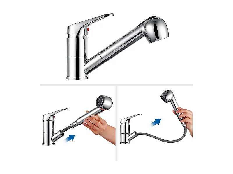 AuraLum Max Rubinetto Cucina con Doccetta Estraibile 2 Getti Miscelatore Lavello in Acciaio Inox Cromato Girevole 360° Rubinetti Monoforo,Modello UE