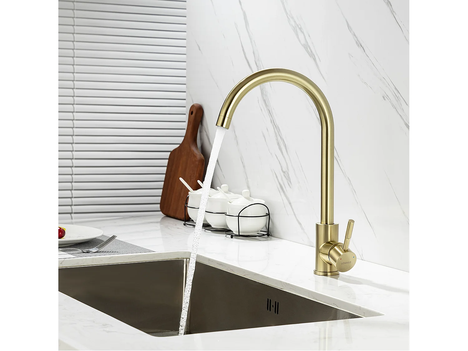 Küchenmischbatterie, gebürstetes Gold, 360° drehbarer Spültischhahn, Küchenarmatur aus Edelstahl mit abnehmbarem Luftsprudler, Kalt-/Warmwasser, U-Form