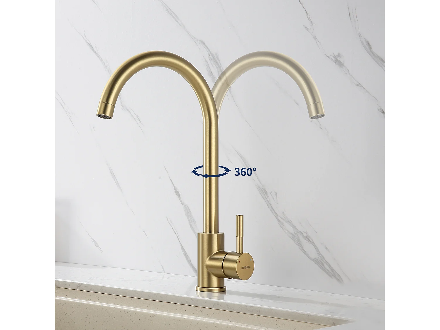 Küchenmischbatterie, gebürstetes Gold, 360° drehbarer Spültischhahn, Küchenarmatur aus Edelstahl mit abnehmbarem Luftsprudler, Kalt-/Warmwasser, U-Form