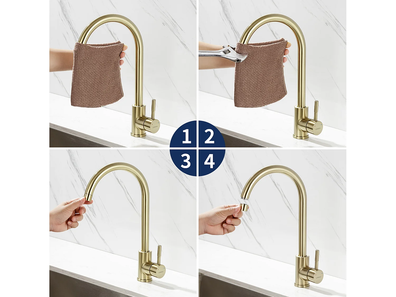 Küchenmischbatterie, gebürstetes Gold, 360° drehbarer Spültischhahn, Küchenarmatur aus Edelstahl mit abnehmbarem Luftsprudler, Kalt-/Warmwasser, U-Form