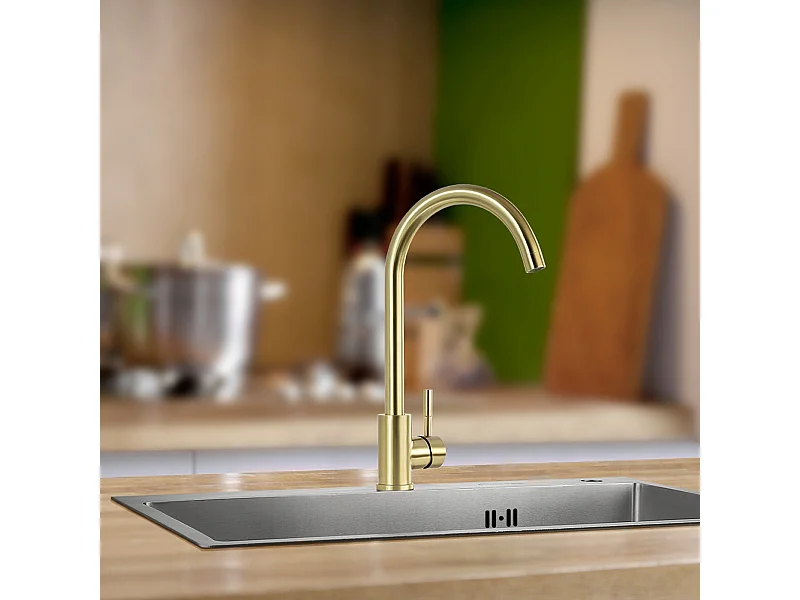 Mitigeur de Cuisine,Doré Brossé,Robinet Evier Rotatif à 360°,Robinet de Cuisine Acier Inox avec Aérateur Démontable,Eau Froide/Chaude,U-Forme